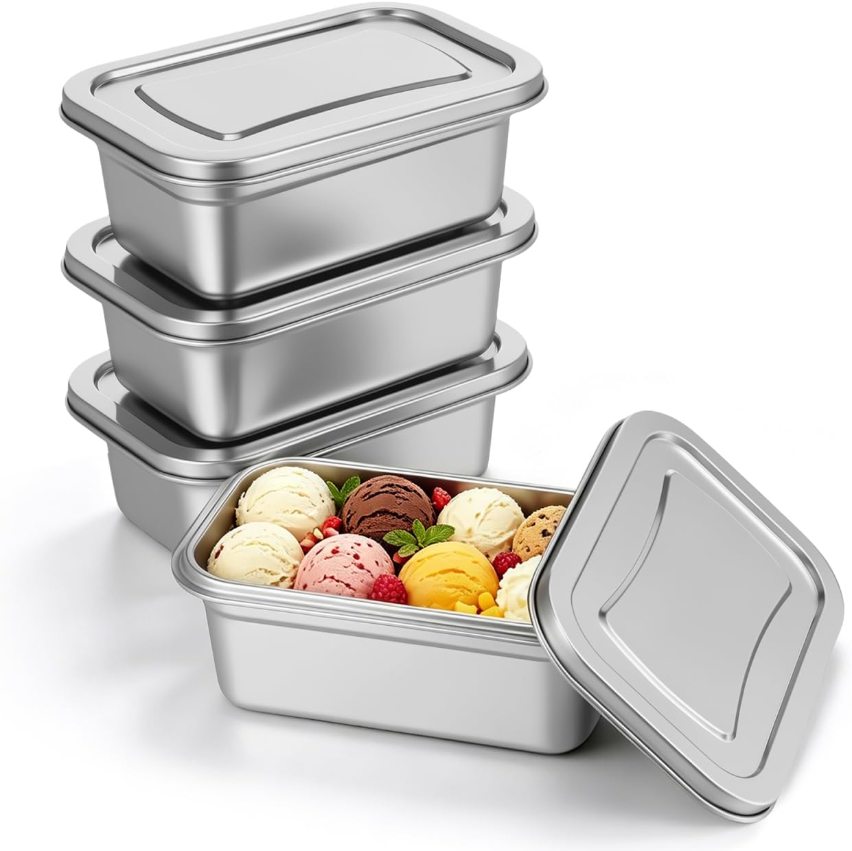 Reusable Ice Cream Containers with Lids Stainless Steel Freezer Box for Homemade Ice Cream Treats Food Storage Containers Compact Kitchen Organizer 7.59 X 4.92 X 5.51 in