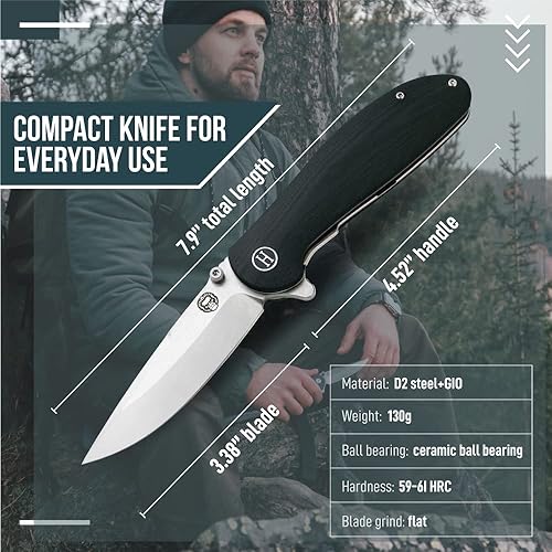 Miniatura 3 de Holtzman's Gorilla Survival Cuchillo plegable D2 hoja de acero G10 mango táctico cuchillo plegable de bolsillo EDC regalo para hombres (plateado y