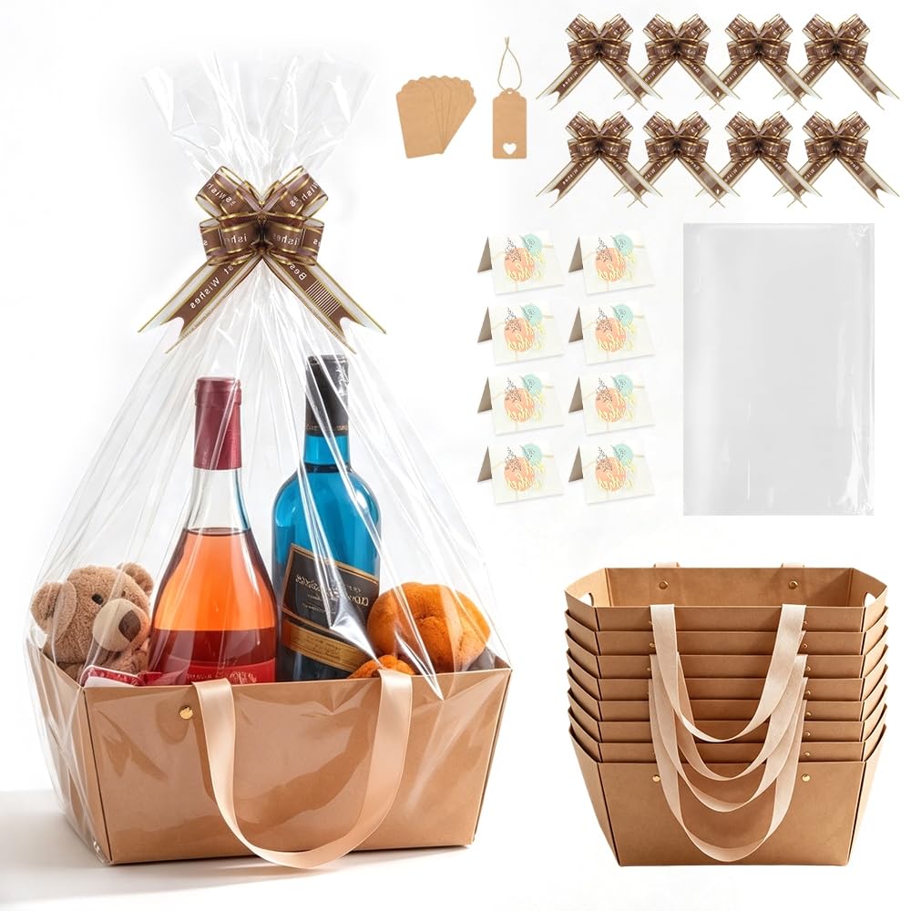 Lotvic 8 Set Gift Basket Hamper Kit, 25 x 16 x 11 cm Empty Kraft Hamper Baskets with Cellophane Bags, Pull Bows, Tags and Greeting Cards, Create Your Own Gift Baskets for Birthday, Christmas, Wedding