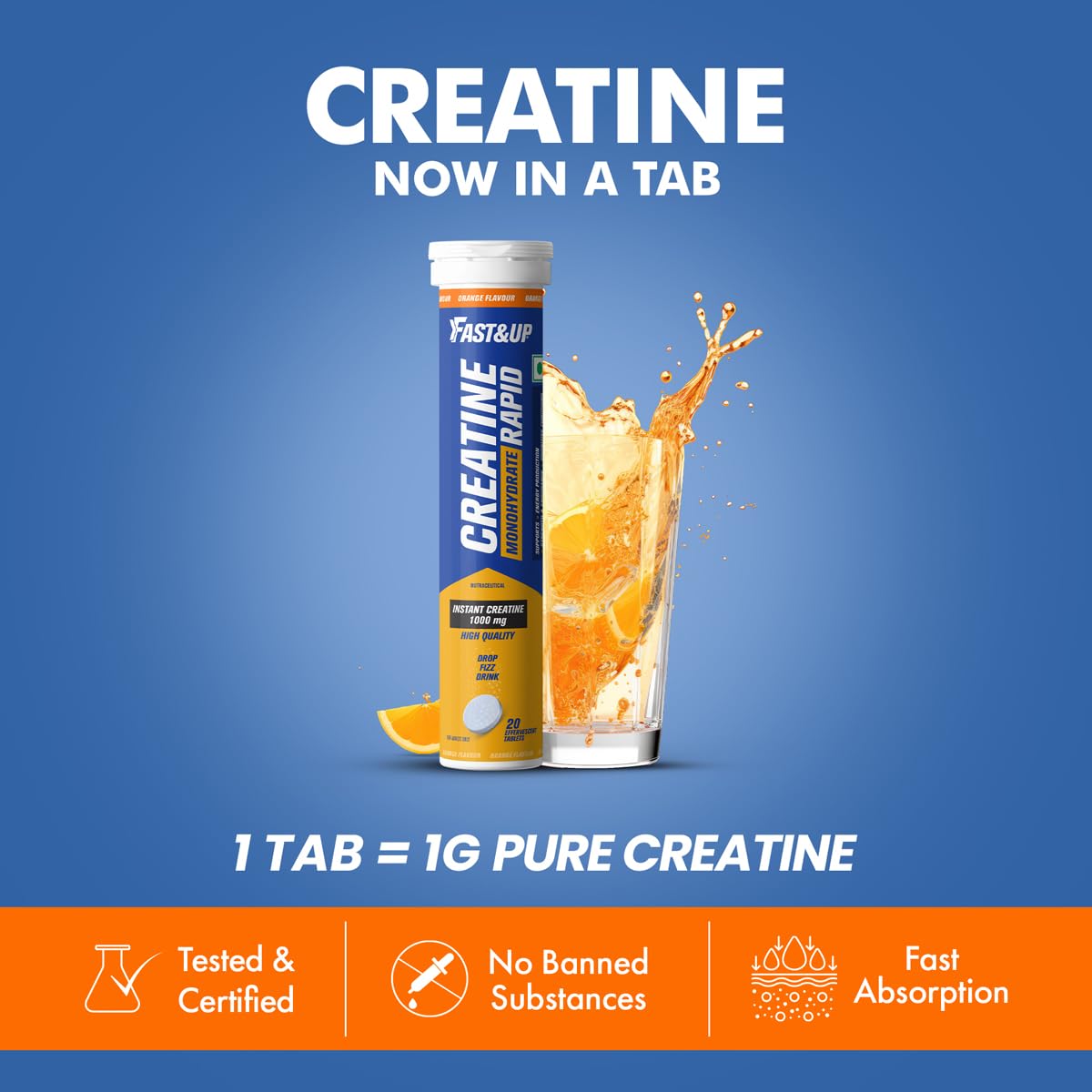 Fast&Up Creatine Effervescent Tablets | Rapid Absorption | Orange Flavour | Creatine Monohydrate for Strength, Power, Recovery & Lean Muscle Gain | 20 Tablets — Amazon image 3