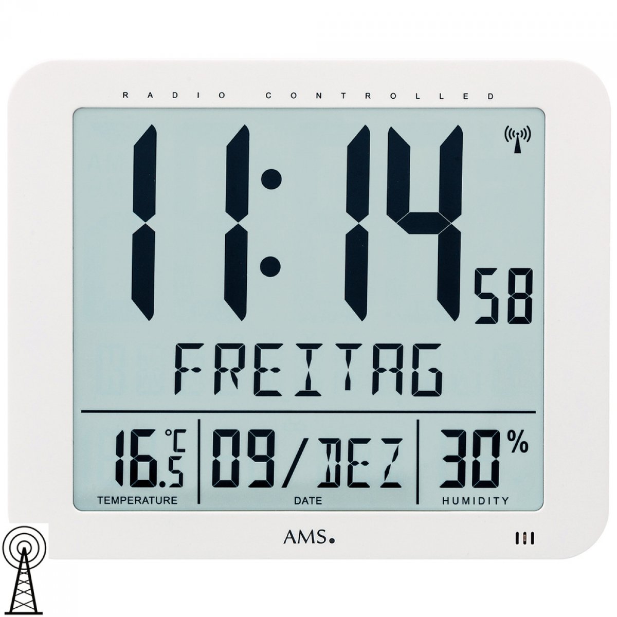 AMS 5886 Digitale Funkwanduhr – Geräuscharmes Funkwerk mit Temperatur- und Feuchtigkeitsanzeige, Wetterstation, Weiß, Rechteckig, 21 x 25 x 3 cm