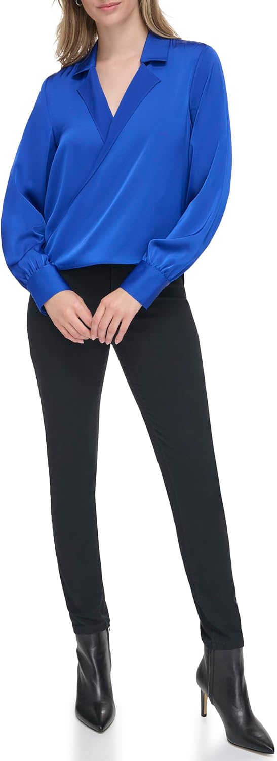 Calvin Klein Women's Plus Faux Wrap Long Sleeve Blouse Top