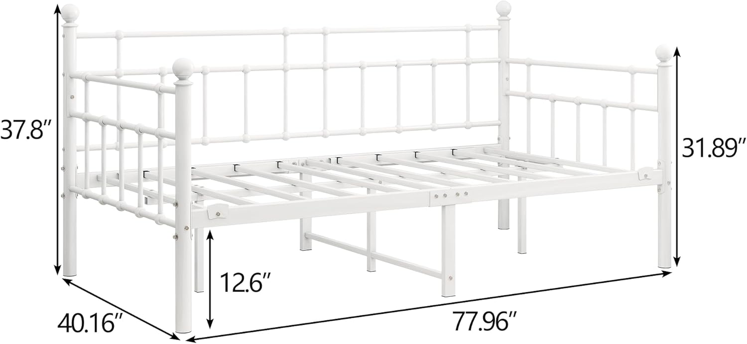BOFENG Metal Daybed Frame Twin Size Platform Sofa Bed Day Bed with Strong Steel Slats Mattress Foundation Bedroom Furniture,Noise Free,White