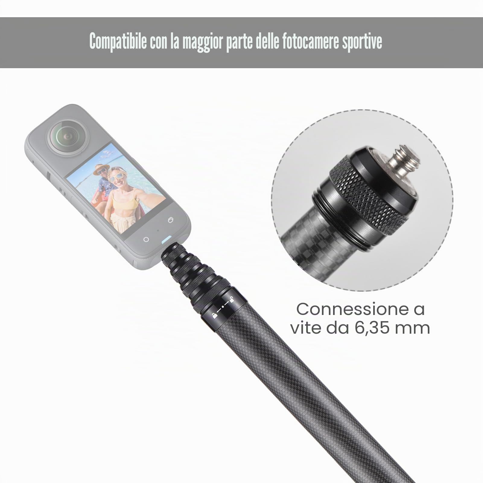 Andoer Bastone per selfie invisibile da 500 cm, supporto in fibra di carbonio, supporto per fotocamera con montaggio a vite da 1/4", compatibile con GoPro/Insta360 X2/X3/X4 e altre fotocamere