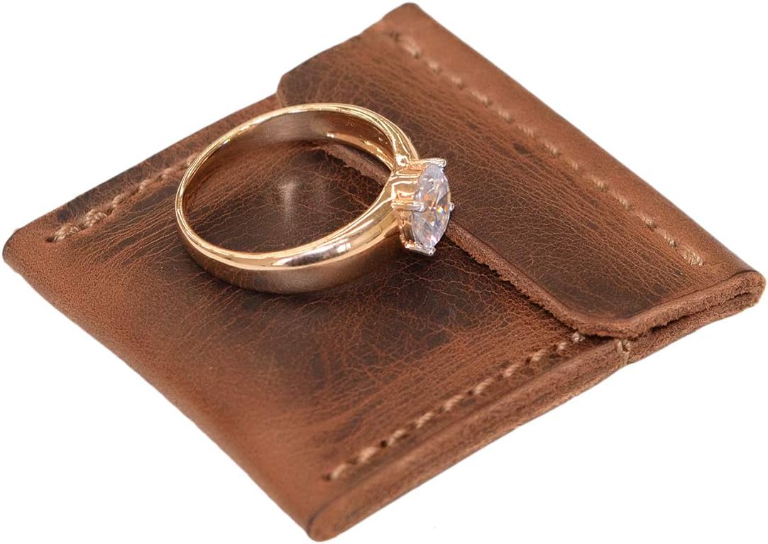 Hide & Drink, Leather Wedding Ring Case, Engagement Pouch, Bride & Groom Jewelry Storage, Marriage Travel, Ring Bearer, Proposal Ring Holder, Handmade Includes 101 Year Warranty (Bourbon Brown)