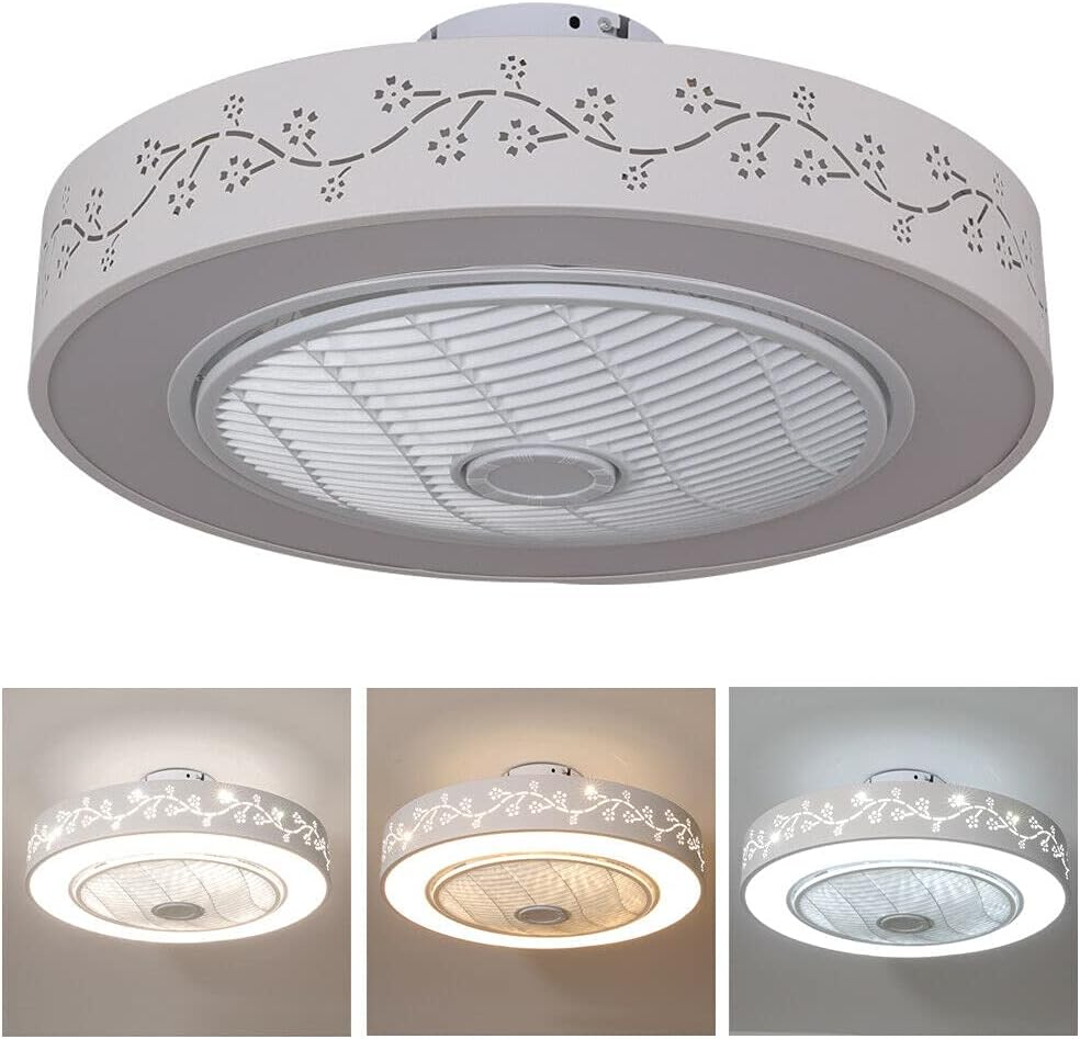 Ceiling Fan Light, Enclosed Round Smart LED Dimmable Ceiling Lighting Fan with Invisible Blades,Semi Flush Mount Low Profile Fan W/Remote Control for Bedroom Office Living Room Children's Room