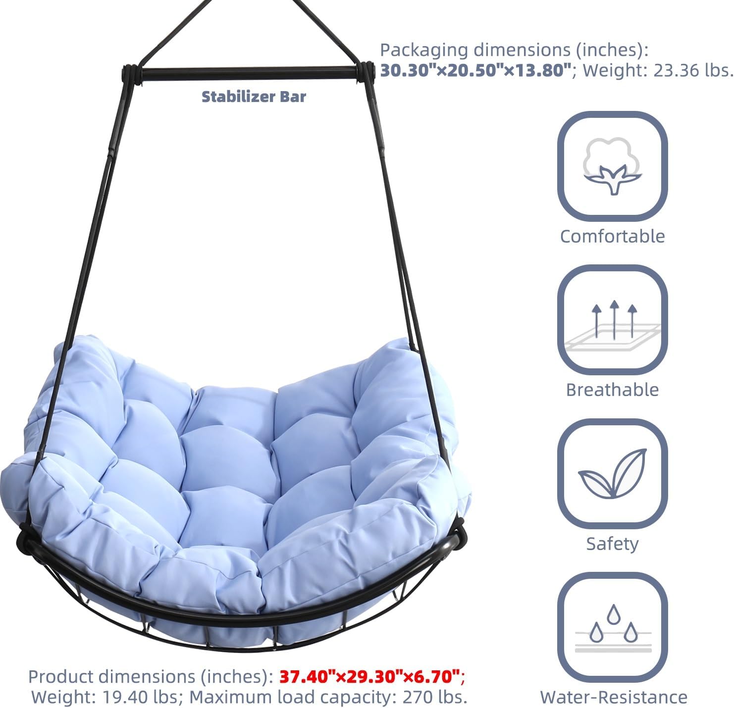 Hammock Chair Swing with Cushion - Outdoor Indoor Hanging Hammock Chair for Patio, Porch, Bedroom, Garden, Courtyard, Balcony - Sturdy Steel Bar with Anti-Slip Safety Rings(Blue Gray)