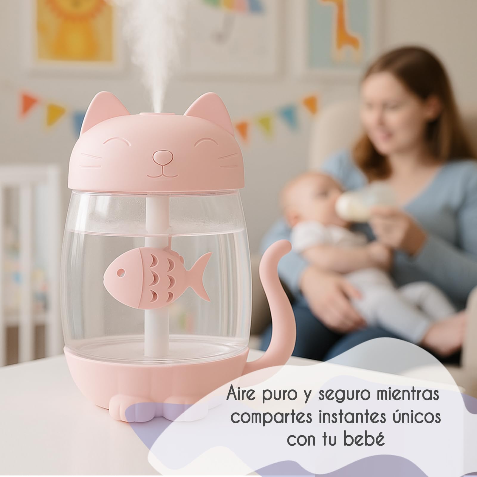 Mini Humidificador Infantil de Gatito 350ml con Luz LED USB y Mini Ventilador Niebla Fría Silenciosa para Niños