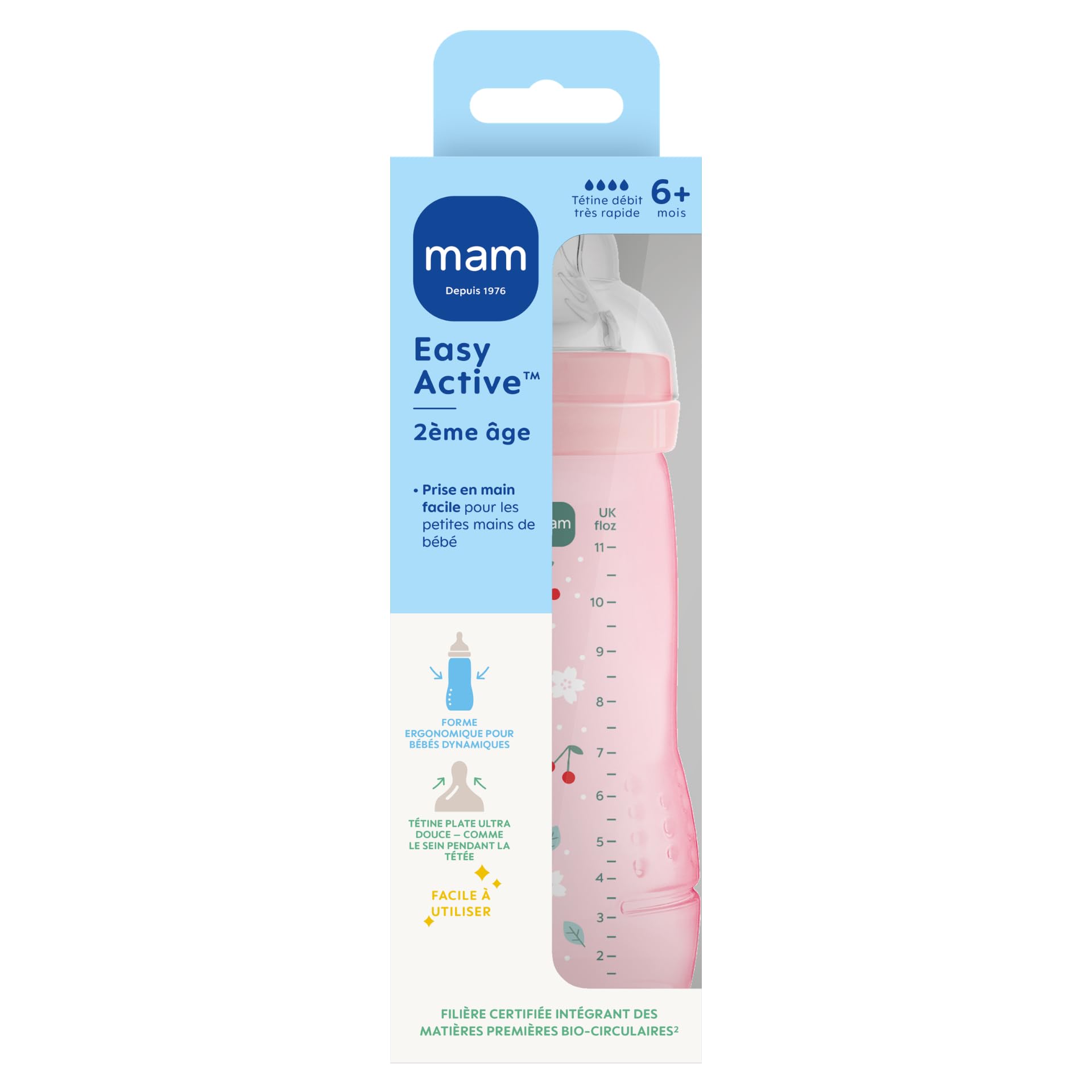 MAM Easy Active 6 mois et plus Couleur Baies (330 ml) – avec tétine en silicone débit X vitesse ultra-rapide – pour bébé avec fermeture hermétique