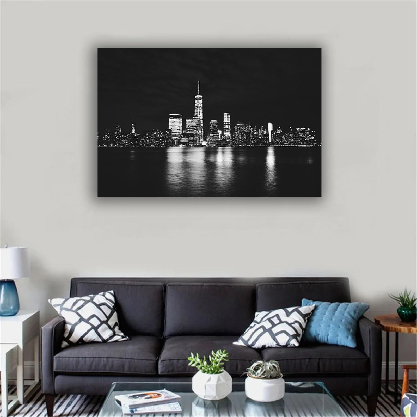 Stadtbild Wandkunst Schwarz-Weiß-Gebäude Panorama Druck auf Leinwand landschaftsbilder Modernes Kunstwerk für Wohnzimmer 70 x 105 cm gerahmt