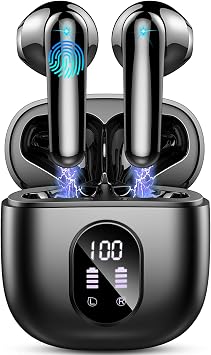 Wireless Earbuds, Bluetooth Headphones, Stereo Bass Ear Buds with ENC Noise Cancelling Mics, Bluetooth Earbuds with LED Display Charging Case, IP7 Waterproof Earphones for Android iOS/Glossy black