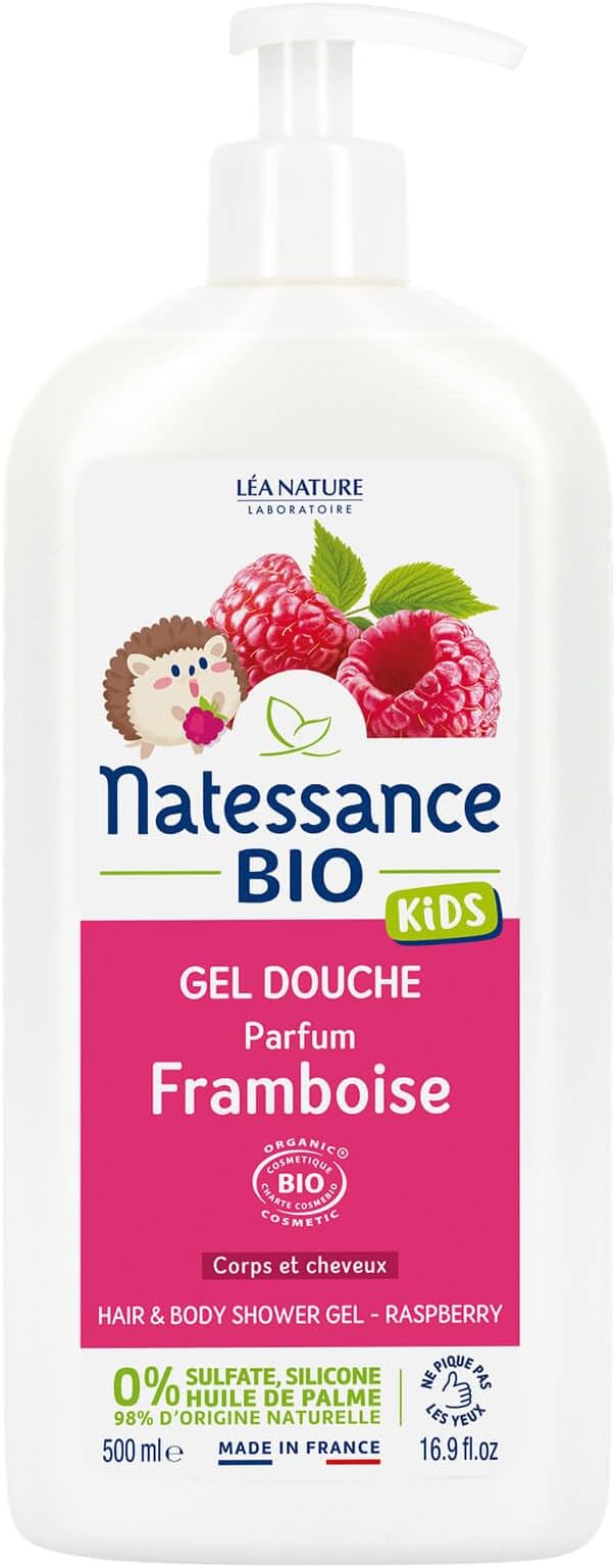 Natessance Raspberry Sulphate Free Organic Cosmetic Bio Kids Care Shampoo and Shower Gel for Kids, 500 ml