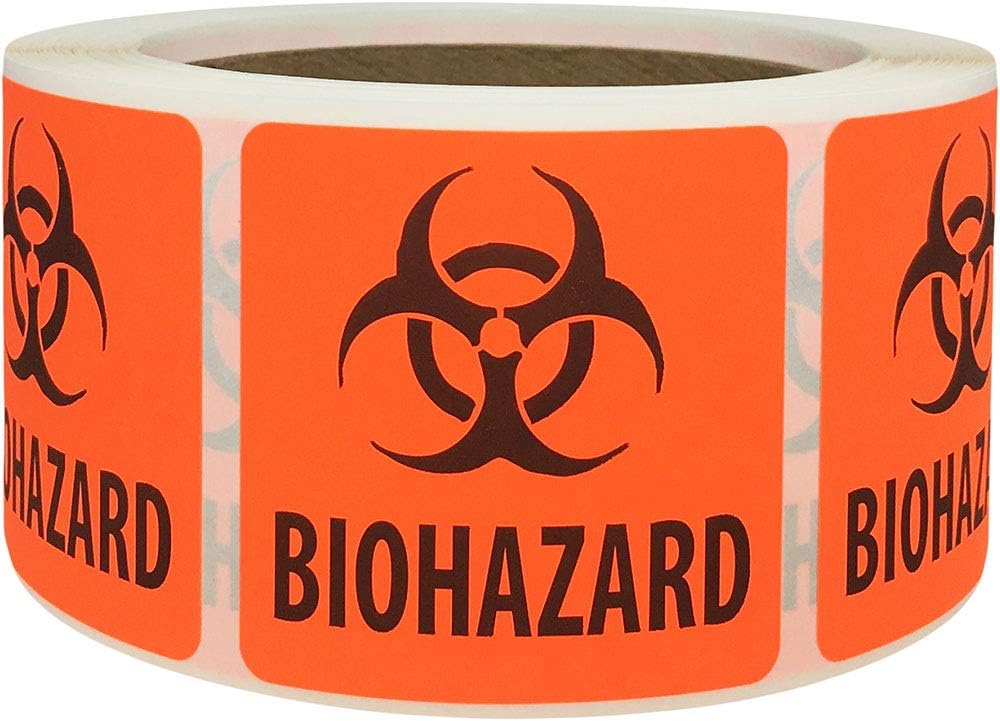 Fluorescent Biohazard Safety Warning Labels, 2 x 2 Inch Square Stickers with Black Symbol, 500 Total Adhesive Labels on a Roll for Medical and Laboratory Use – Made in the USA