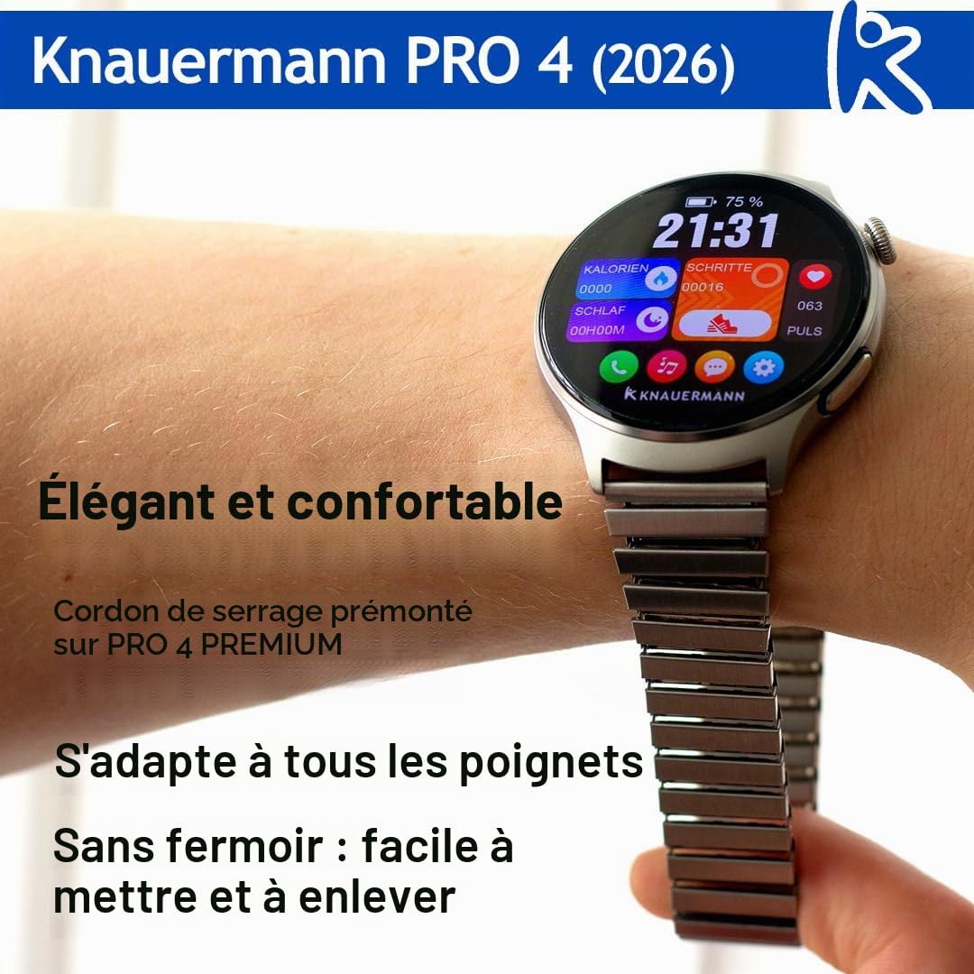 Knauermann Pro 4 - Montre de santé ECG avec Fonction téléphone - Montre Intelligente en Argent - Fréquence artérielle, Pression artérielle, oxygène sanguin, HRV, Analyse du Sommeil - pour Homme et