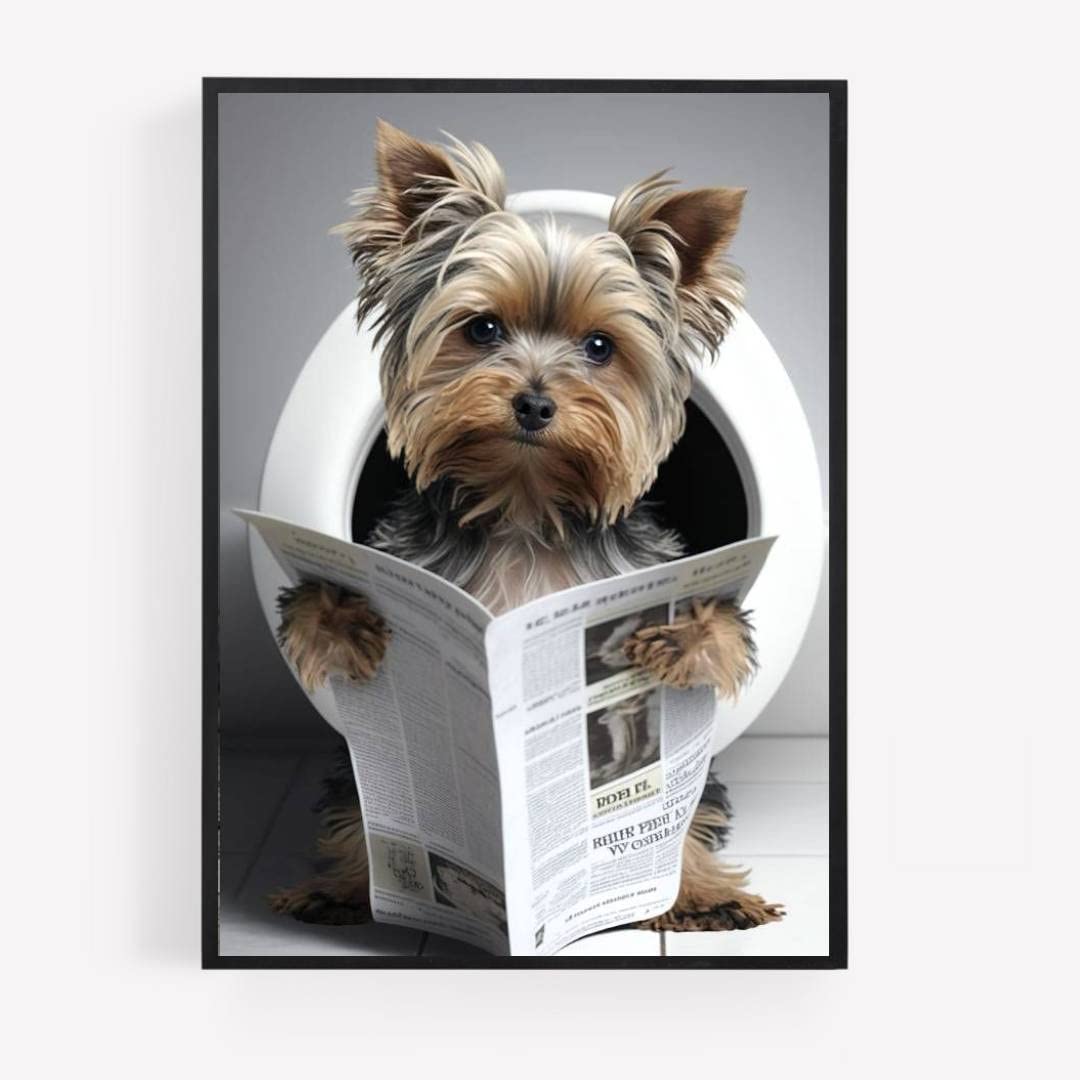 Gfc Black White Funny Bathroom Toilet Animal Print Picture Poster Yorkshire Terrier Dog On A Toilet Reading Newspaper A4 Unframed Wall Art Home Decor Decorating