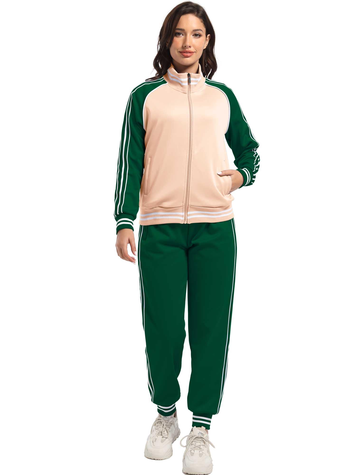 ANOTWENER Damen Trainingsanzug Set Gestreiftem Jogginganzug Sportanzug Zweiteiler Freizeitanzug mit Taschen S-XXL