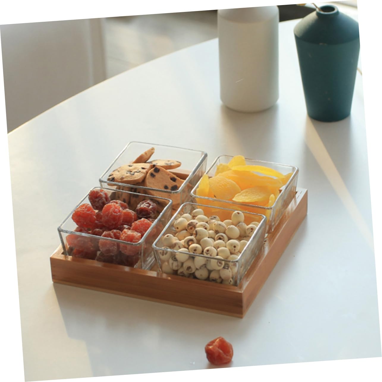 Plateau à Fruits Compartimenté 4 Cases en Verre Support en Bois, Multifonction pour Noix et Fruits Secs, Service Apéritif Cuisine et Fêtes, Ensemble sans Couleur Aléatoire