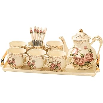 Vintage Coffee Pot and Cup Set European Coffee Cup for Afternoon Tea Elegant Decorative Water Serving Set for Bedroom Dinner Pink
