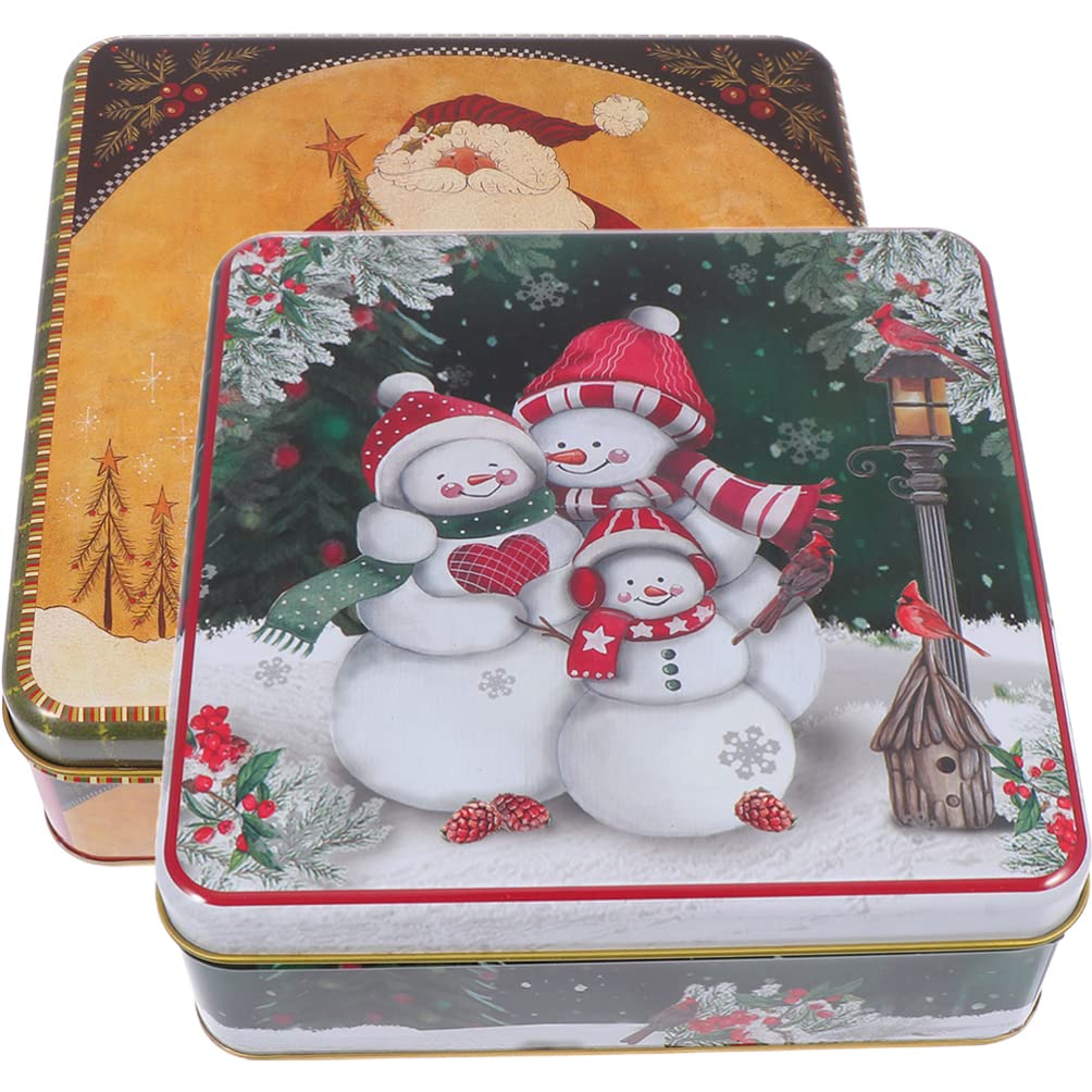 DOITOOL Lot De 2 Boîtes à Biscuits De Noël Carrées En Métal Avec Couvercle - Thème Père Noël Et Bonhomme De Neige
