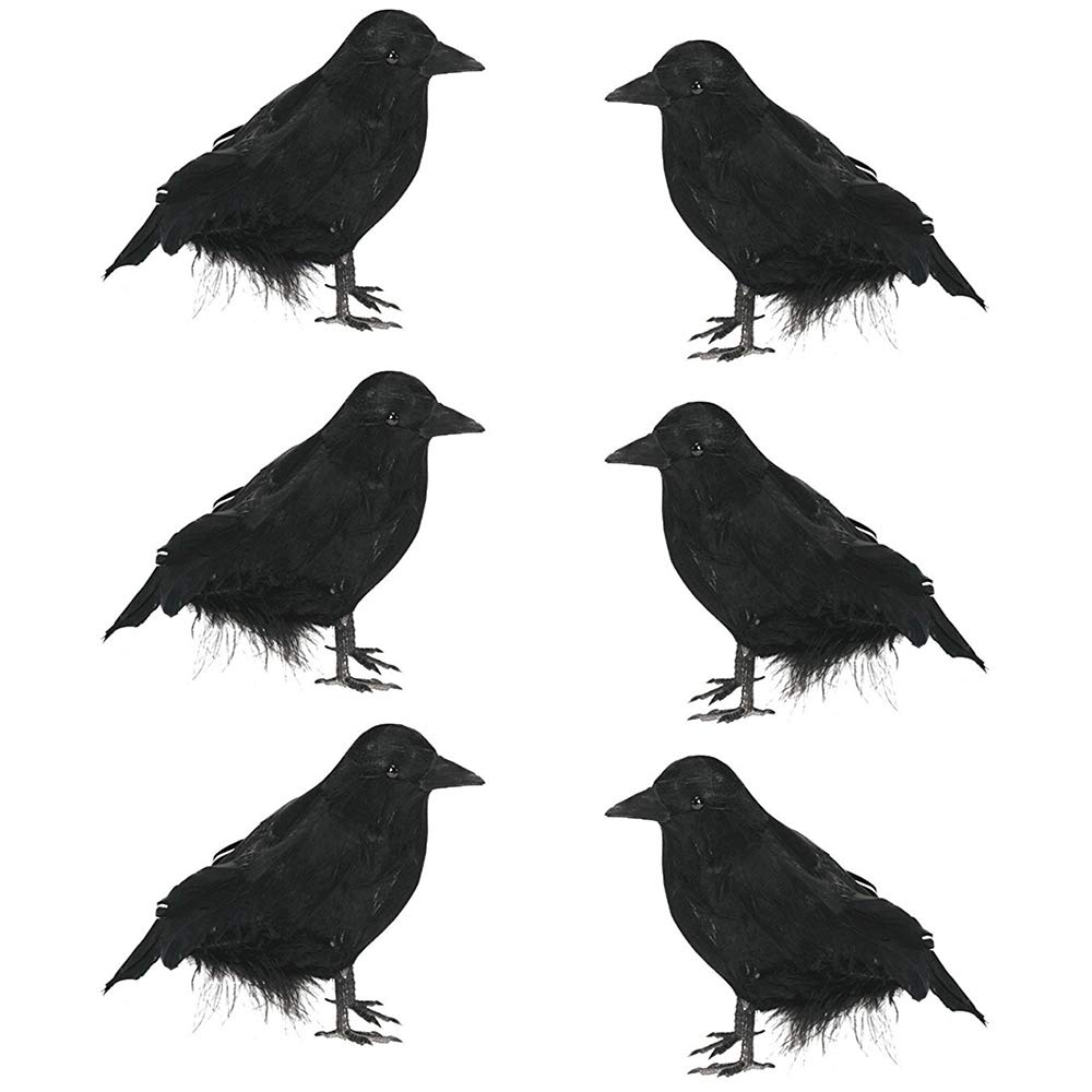 DALJIAFA Halloween Realistic Crows Christmas Feathered Crows Decorations Artificial Fake Black Ravens Set Handmade Outdoor Indoor Party Props Supplies Cute Stand Life-Like Crow Birds Decoration 6 Pack