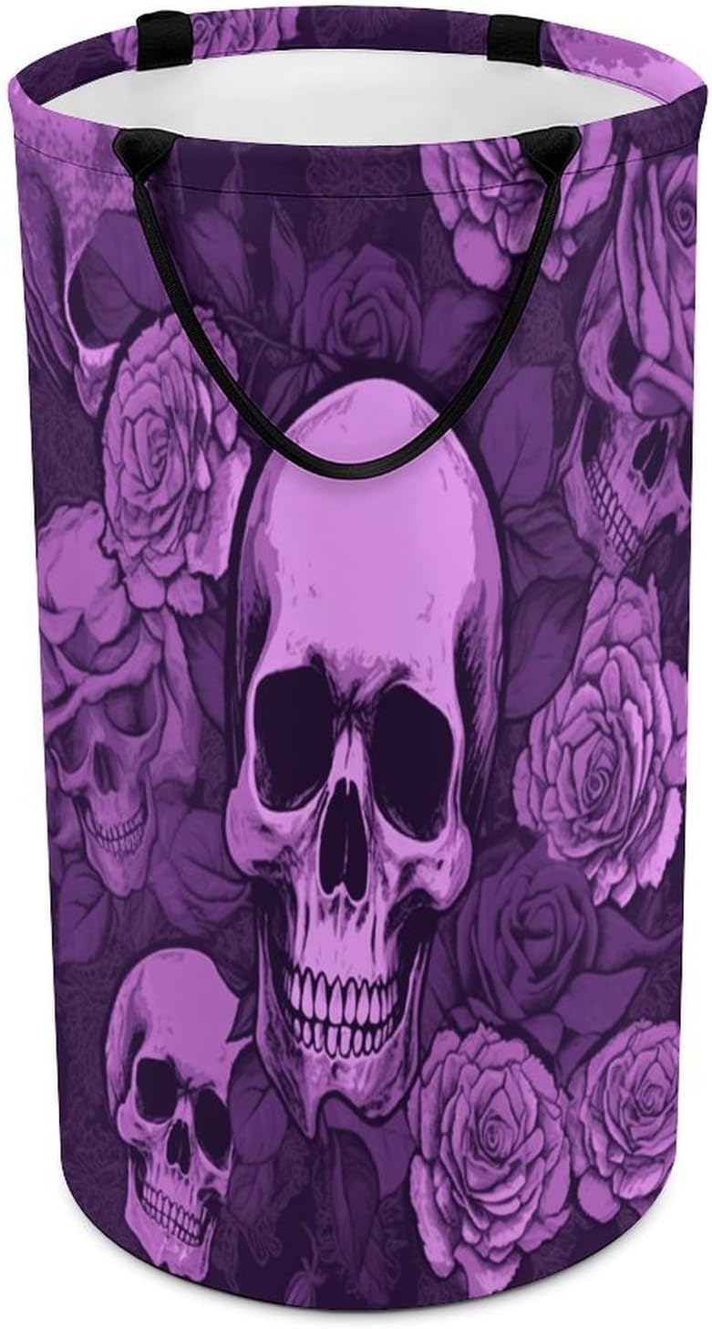 Purple Skulls And RosesLaundry Hamper - Large Dirty Clothes Bag.Storage Basket for Easy Carry Handles. Large Clothes Basket with Handles, Clothing Storage Bucket Toy Organizer for Bathroom Bedroom Do