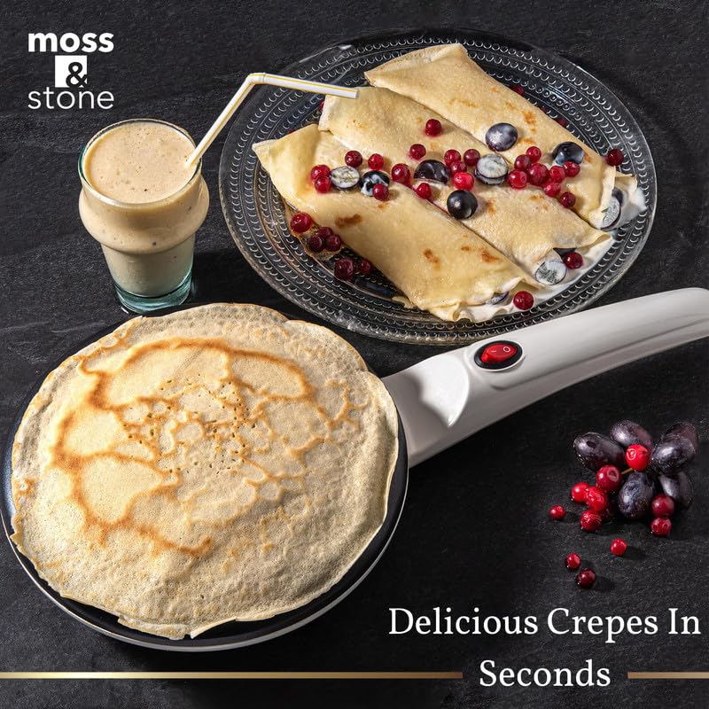 Image of Moss & Stone White Electric Crepe Maker, 8 inch Portable Nonstick Crepe Pan | Nonstick dipping plate, auto shut-off, on /off switch, even heating, automatic temperature control, compact design