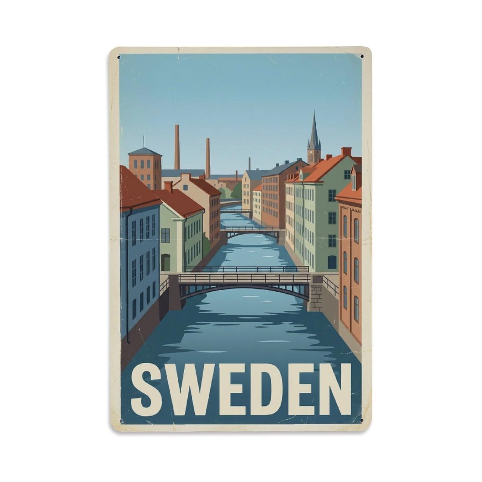 Vintage Travel Norrkoping Sweden Canals Metal Tin Sign