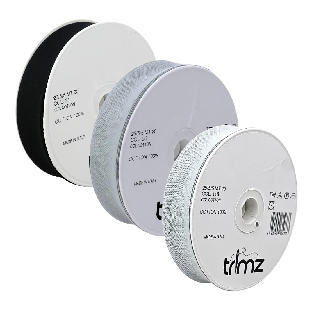 Trimz Monochrome Greyscale Set (Black, Mid Grey, Light Grey) 3-Pack 100% Cotton Bias Binding Tape (25mm) - 60 Meters Total - Sophisticated Folded Edging for Modern Quilts, Repairs & Garments
