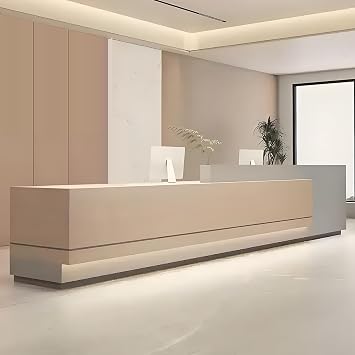 Modern Reception Desk with Counter, Front Desk with Lockable Drawer and DIY Light, No Assembly Required, Customizable Logo, Wooden Checkout Counter for Office Retail Spaces and Salon Left, 55