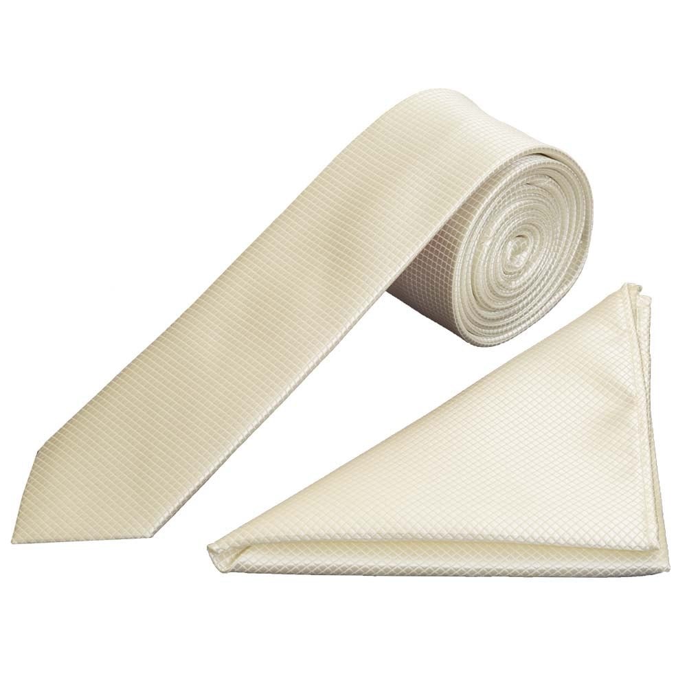 TIES R US Ivory Diamond Skinny Men's Tie and Pocket Square Set