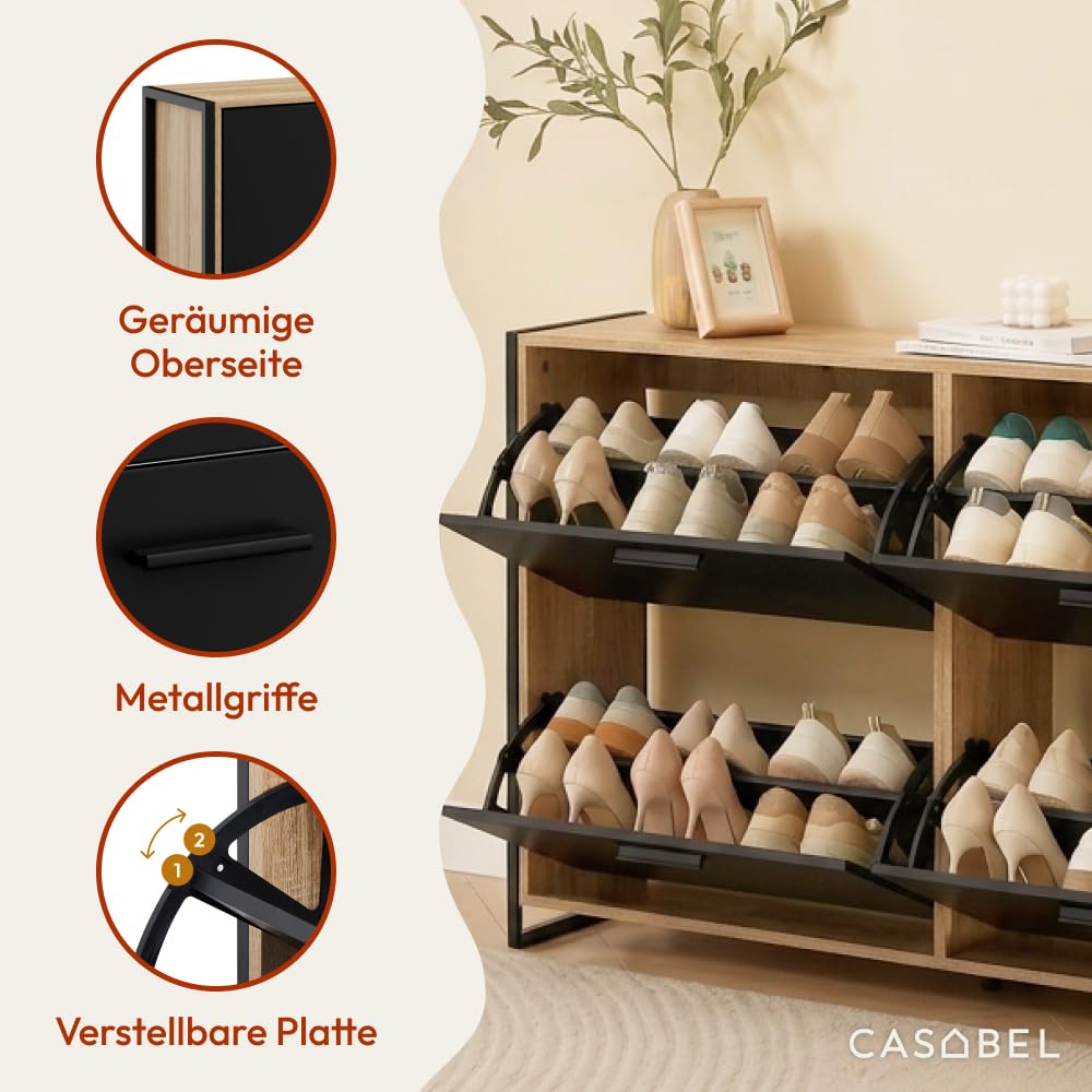CASABEL Schuhschrank 24 Paar, kompakte Konsole, Schwarze Türen, Holzrahmen | Schuhaufbewahrung, 4 Klappen, große Kapazität, verstellbare Regale, platzsparend, Industriedesign, einfache Montage