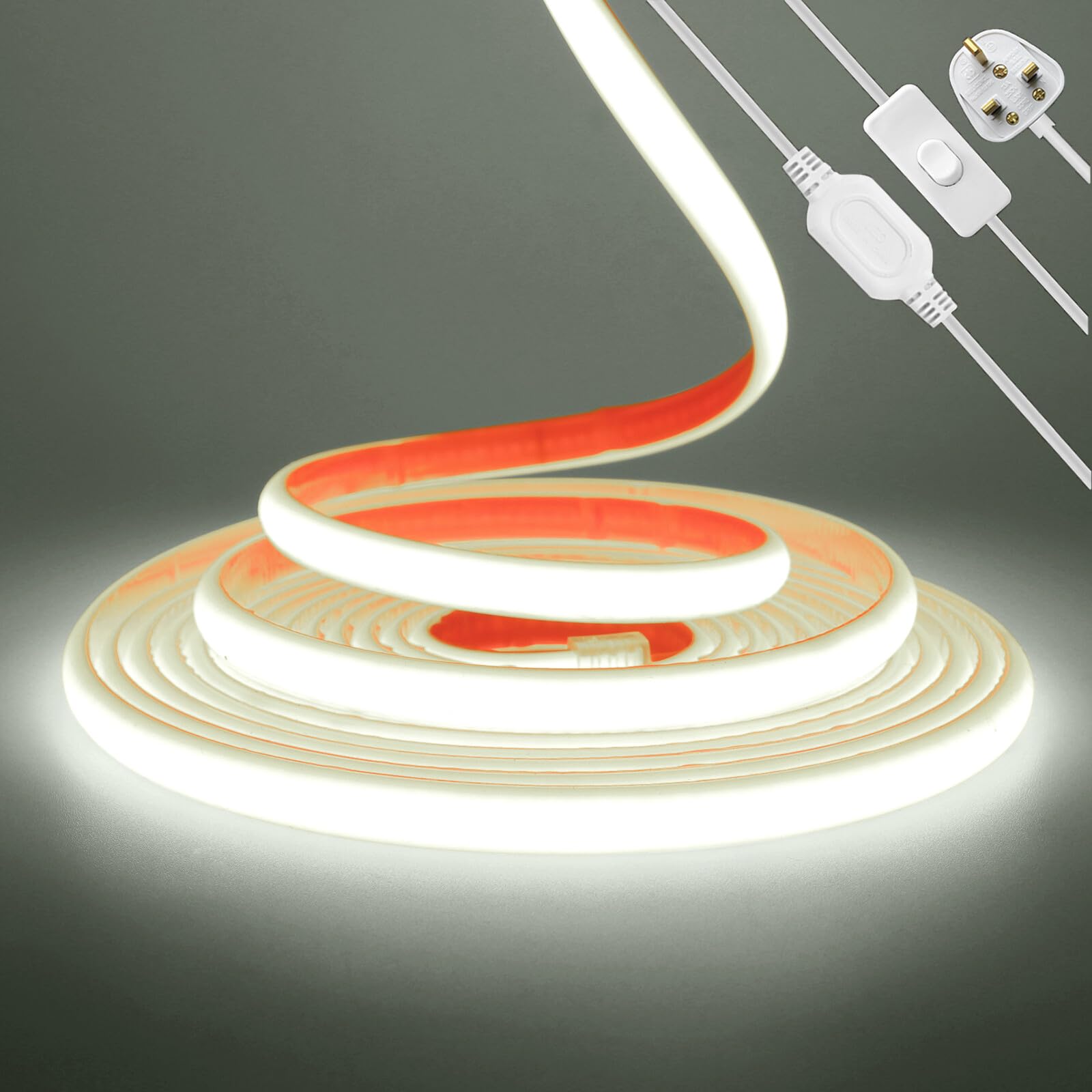 KAFULA 220V COB LED neon Strip with on/Off [17m, White 6000-6500K], 288 LEDs/m IP67 Waterproof Flexible Silicone FCOB LED Rope Light CRI90+, can be Cut Every 50CM, Home Decoration