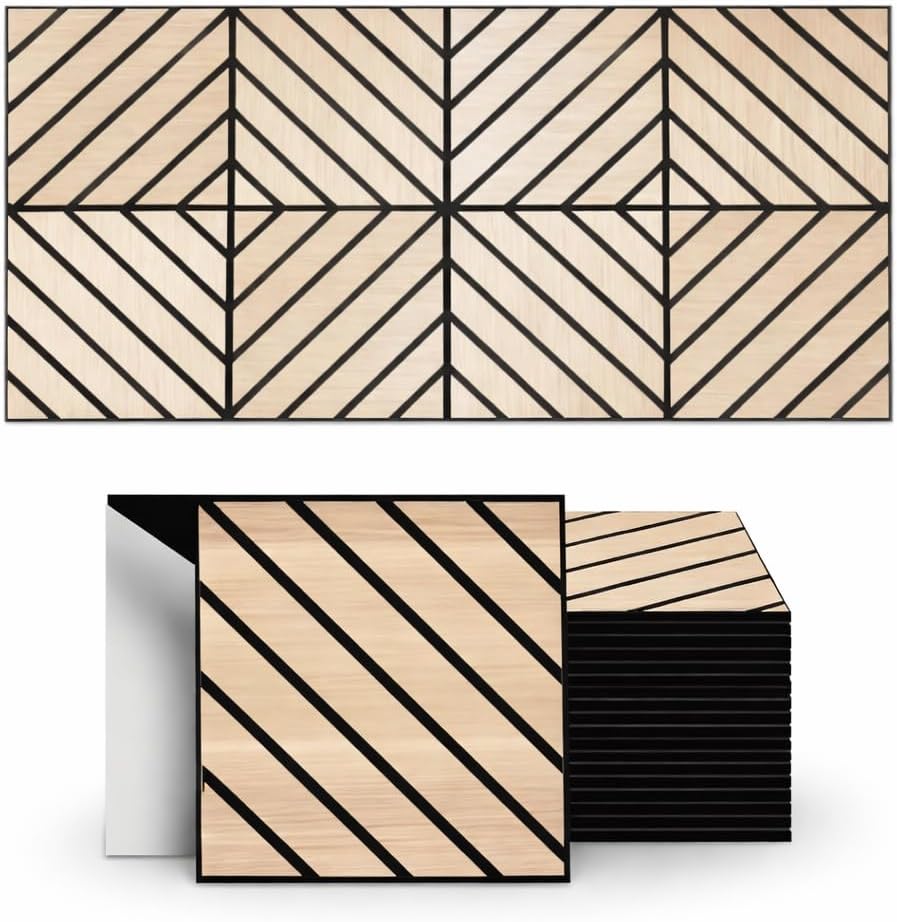 4-Pack-Modern Square Slotted Polyester Fiber Wood Veneer Acoustic Panel- Sound Proof Wall Decor, for Home, Studio, Office & Focus Zones Peel-and-Stick 12x12 Inchs