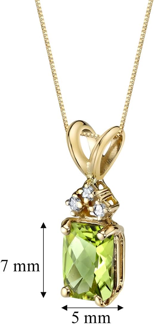 PEORA Solid 14K Yellow Gold Peridot and Diamonds Pendant for Women, Genuine Gemstone, Radiant Cut, 7x5mm, 1 Carat total, Real Gold Peridot Jewelry, August Birthstone Necklace, w/Jewelry Box