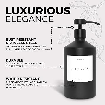 Luxury Glass Soap Dispenser Set of 2 - Elegant Black Glass Bottles with Matte Black Pumps, Ideal for Kitchen and Bathroom for Hand and Dish Soaps