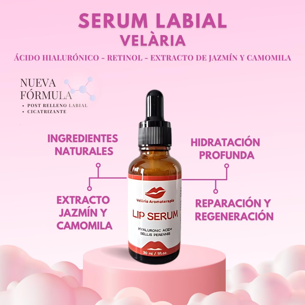 Lip Serum Labial con Ácido Hialuronico, Retinol y Extracto de jazmín y margarita. Post Tratamiento Relleno Labial 30ml Marca Española. No pegajoso
