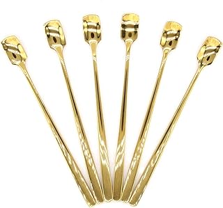 6 PCs Stainless Steel Mixing Spoon with Gold Finish - Stirrer Spoon with Shovel-Shaped Head for Coffee, Ice Tea, Soft Drink, Cocktail, Length 6-1/32-Inch (15.3 cm)