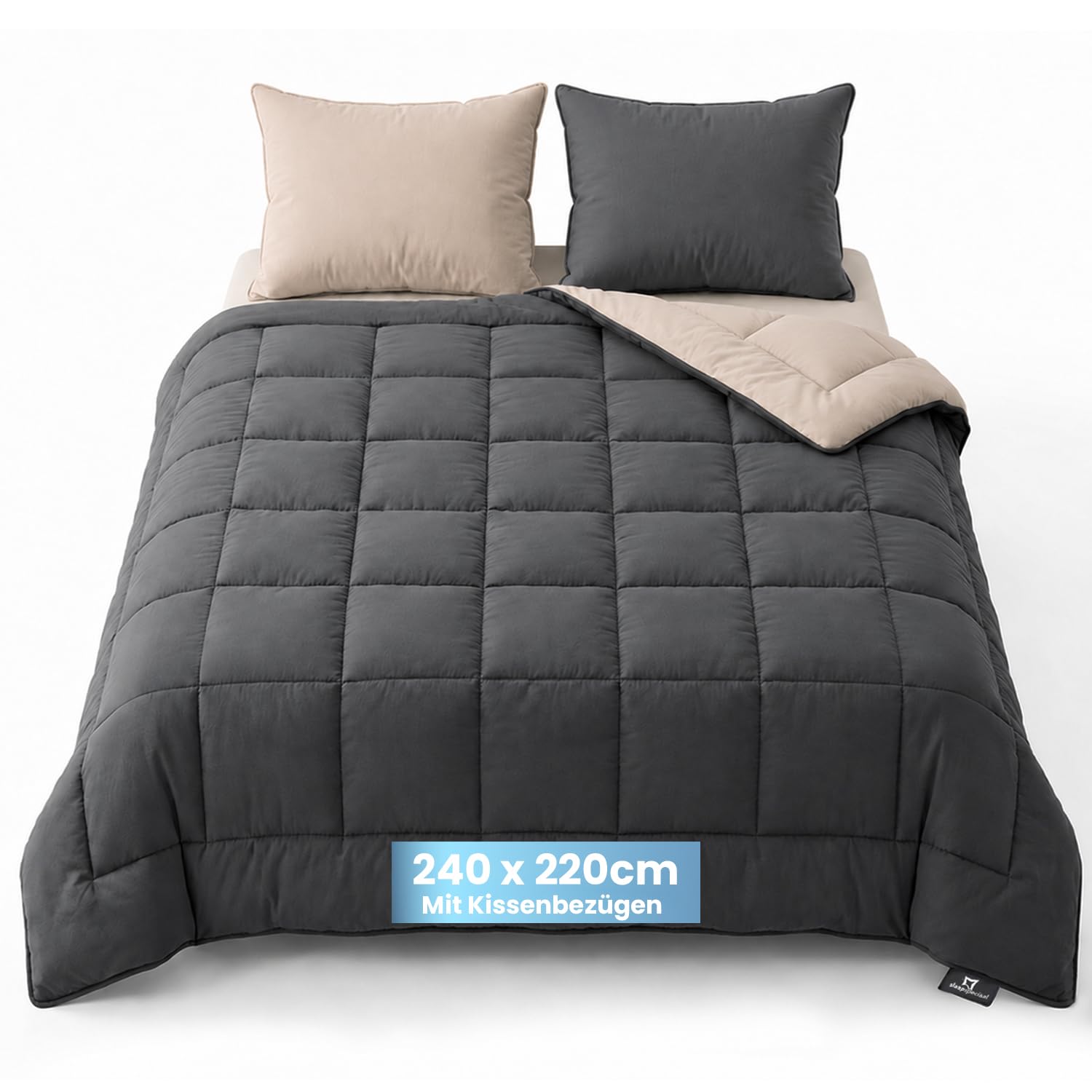 Bettdecke ohne Bezug 240x220 - Ganzjahresdecke Wärmeklasse 2 | Steppdecke mit Gelfasern für Daunengefühl [Softcell Füllung] - Extra Weich - Inklusive waschbarem Kissenbezug - Grau Beige