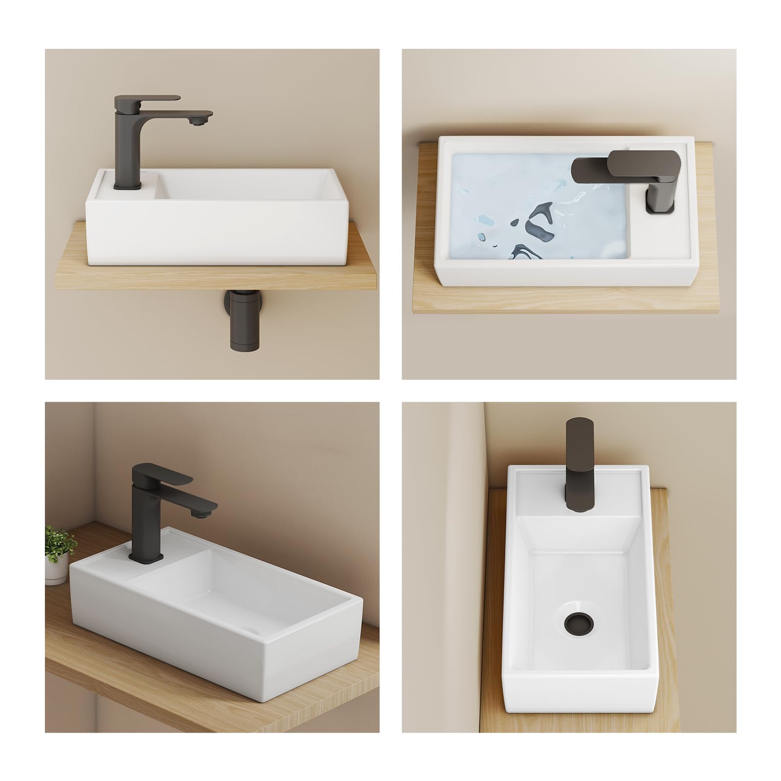 EMKE Piccolo lavandino rettangolare 41,0 x 22,0 x 10,0 cm, in ceramica, con foro per rubinetto, senza troppopieno, piccolo da appoggiare e da parete, ideale per bagno e WC degli ospiti, bianco
