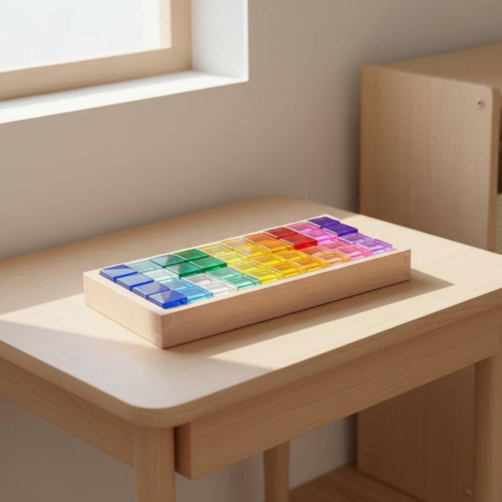 Kinder Bausteine Acryl Bausteine Spielsteine Konstruktionssteine mit Farbintensiven Durchscheinenden Elementen Inklusive Holzbox zur Aufbewahrung, Transparente Kombination 5