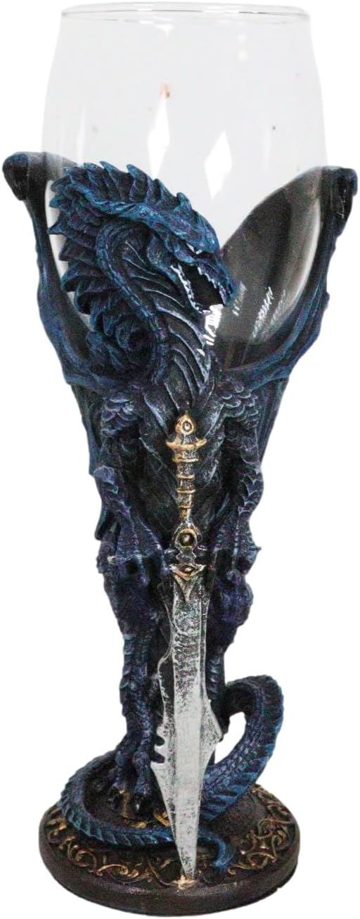 Ebros Gift Ruth Thompson Blue Dragon Storm Blade Sword Glass Wine Goblet Chalice Cup Dragon Blade Series Collection Mythical Fantasy Party Hosting Accent