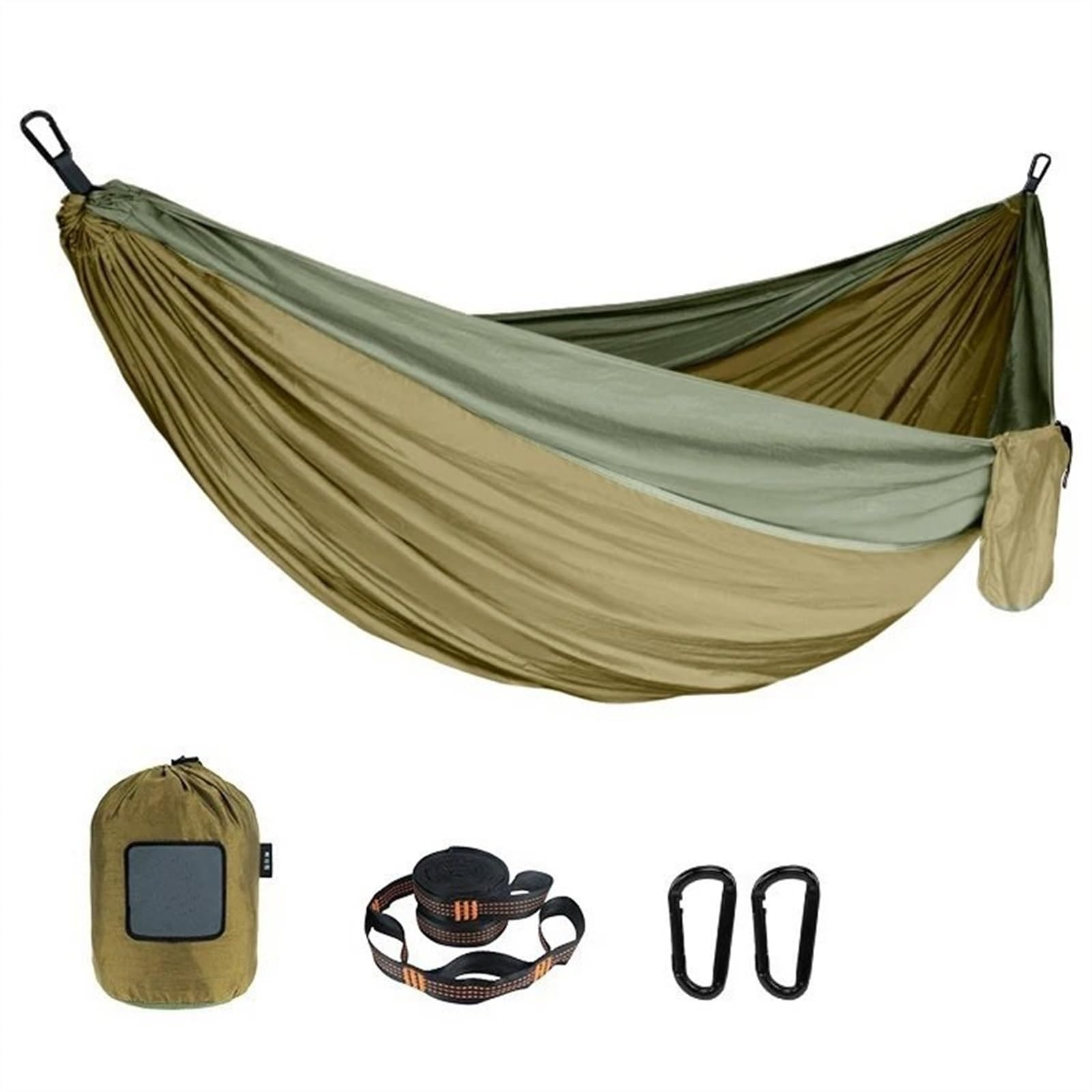 hamaki podróżne Przenośny nylonowy materiał spadochronowy o pojedynczym i podwójnym rozmiarze Outdoor Camping Piesze wycieczki Hamak ogrodowy(Double brown green 2)