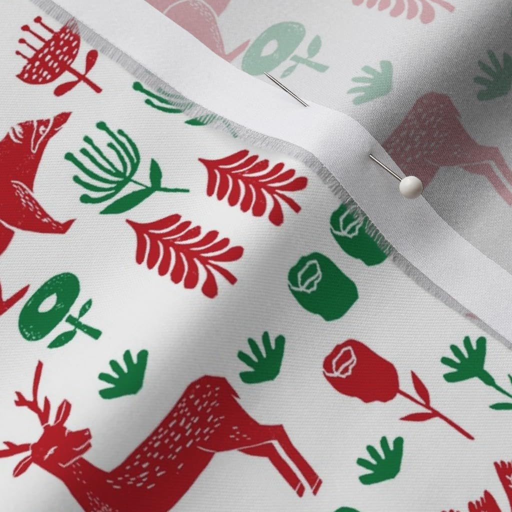 Spoonflower Fabric - Christmas Folk Scandinavian Winter Holiday Forest Animals Red Green Printed on Organic Cotton Sateen Fabric by The Yard - Sewing Quilting Apparel Home Decor