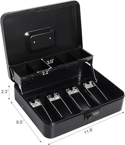 Miniatura 5 de Caja de efectivo grande con bandeja de dinero y cerradura, caja de dinero de metal para efectivo, caja de seguridad de 11.8 x 9.5 x 3.54 pulgadas