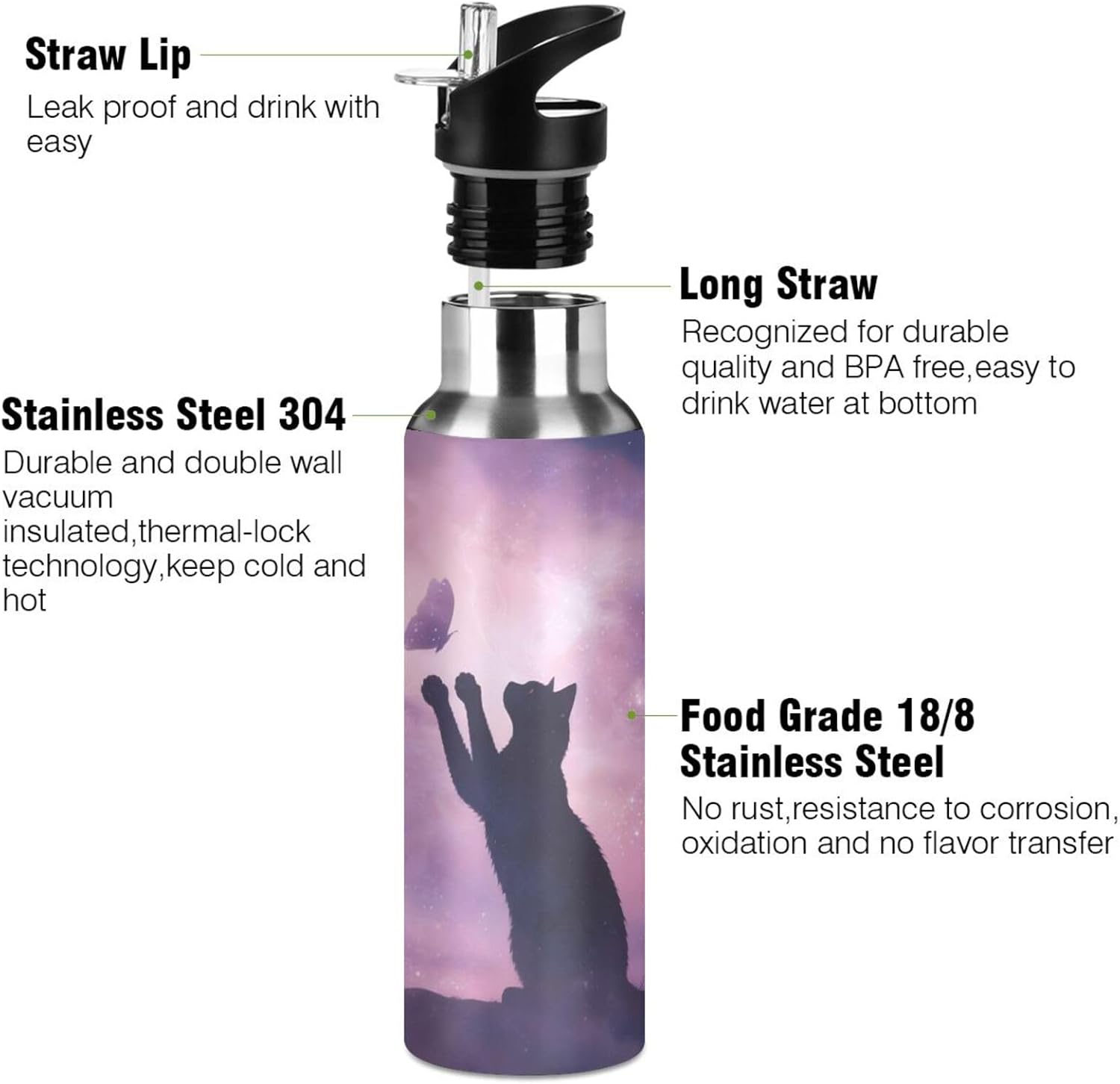 Cat Water Bottle for Kids Cat Stainless Steel Water Bottle with Straw Lid Cats Theme Purple Galaxy Flask Leakproof for Sport Gym Outdoor 20 oz