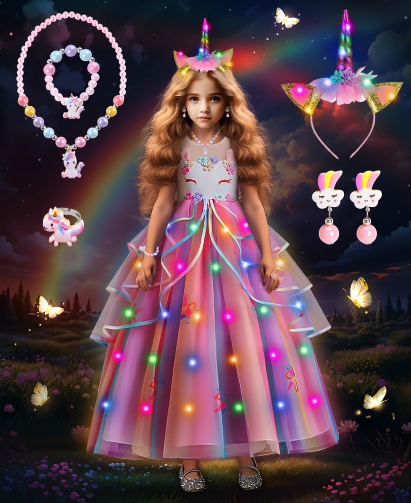 COYBTO Princess Costumes for Girls, Light Up Unicorn Costume Dress Up,  Dress Up for Girls with Headband Crown Necklace Sets, Unicorn Fancy Dress