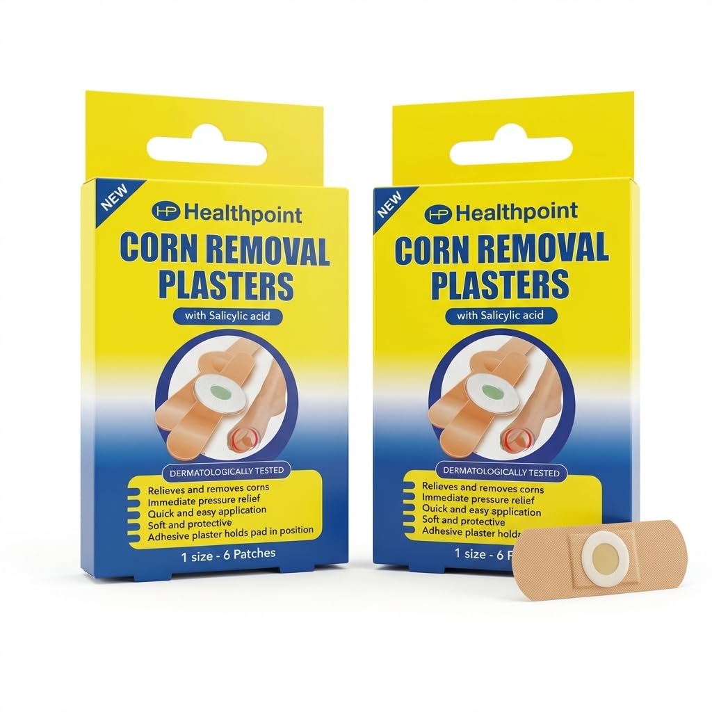 Healthpoint Corn Removal Plasters 2 Pack - Medicated Corn Pads for Feet with Salicylic Acid - Foot Corn Treatment for Toes, Bottom of Feet - Corn Cushions Pain Relief - 12 Protective Patches Total