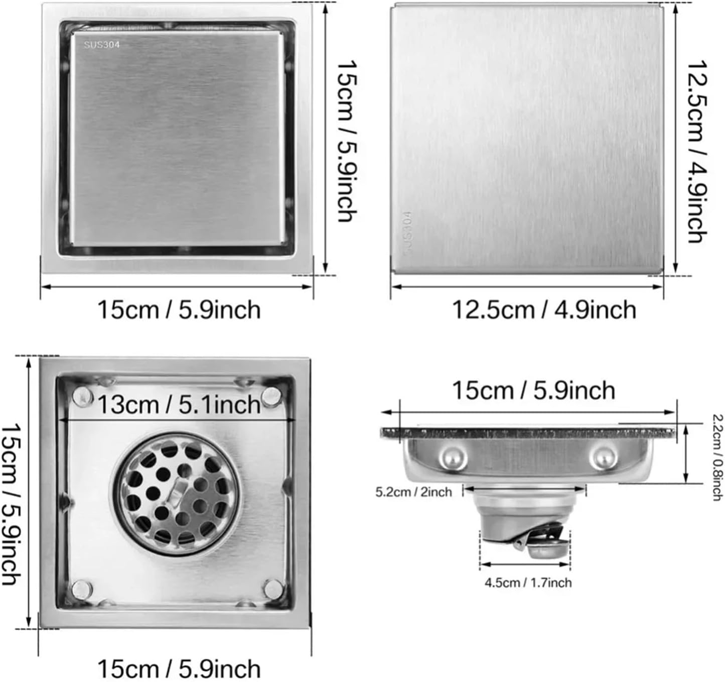 Shower Square Floor Drain 15X15cm Tile Insert Grate SUS304 Stainless Steel Bathtub Kitchen Sink Flow Waste Drainer Accessories