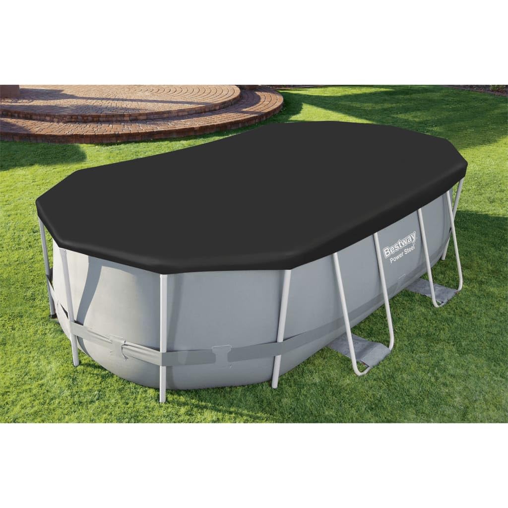Couverture de Piscine Bestway Flowclear en PVC 418 x 230 cm pour Piscine Ovale Power Steel 427 x 250 x 100 cm, Cordes de Fixation, Trous de Drainage, extérieur Jardin Bassin