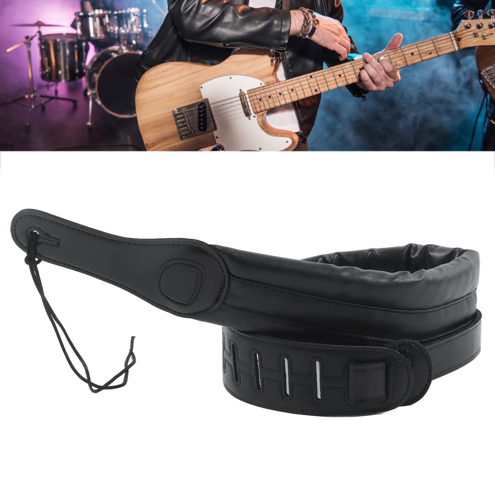 Skórzany pasek do gitary regulowany pasek na ramię, akcesoria instrumentalne do basu, jakość premium, wygodna, ergonomiczna konstrukcja dla gitarzystów, muzyków, czarna skóra, perłowa bawełna